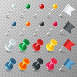 Pins Flags Tacks. Colored Pointer Eps Marker Pin Flag Tack Pinned Board Pushpin Organized Announcement, Color Realistic Vector Set