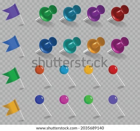 Pins flags tacks set. Realistic collection of needles for attaching posters. Design elements for websites and addition to other illustrations. 3D vector sticker pack isolated on transparent background