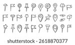 Pins hand drawn doodle set. Pin line drawing style for planner or map. Pins variable icons. Vector illustration