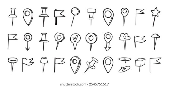Pines dibujados a mano doodle set. Estilo de dibujo de línea de pin para planificador o mapa. Anclar iconos de variables. Ilustración vectorial