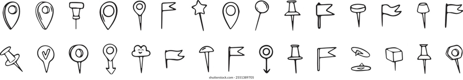 Pins hand drawn doodle set. Hand-drawn set of map pins. Isolated objects on a white background. Vector cartoon doodles. Flags, pins and markers for designation of a location.