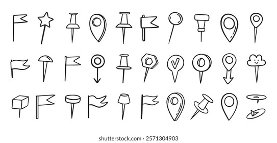 Pins hand drawn doodle set. Pin line drawing style for planner or map. Pins variable icons. Vector illustration