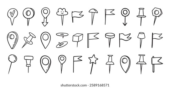 Pins hand drawn doodle set. Pin line drawing style for planner or map. Pins variable icons. Vector illustration