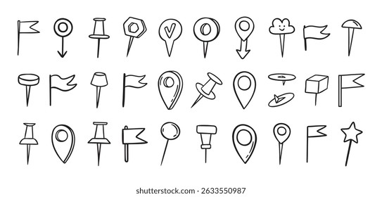 Pins handgezeichnete Doodle-Set. Zeichenstil für Stiftlinien für Planer oder Karte. Pinnt variable Symbole. Vektorgrafik