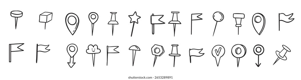Pines dibujados a mano Doodle Set Pin Línea de dibujo Estilo Planificador Mapa Pines Iconos variables