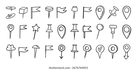 Pines dibujados a mano doodle set. Estilo de dibujo de línea de pin para planificador o mapa. Anclar iconos de variables. Ilustración vectorial