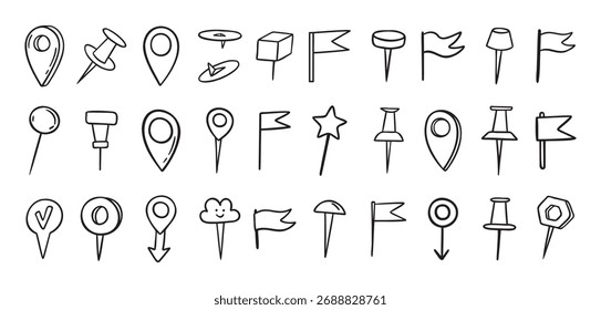Conjunto de rabiscos desenhados à mão com pinos. Fixar estilo de desenho de linha para planejador ou mapa. Fixa ícones de variáveis. Ilustração vetorial