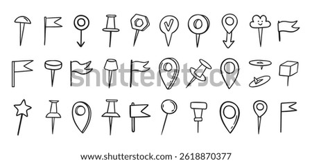 Pins hand drawn doodle set. Pin line drawing style for planner or map. Pins variable icons. Vector illustration