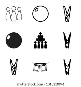 Pins icons. set of 9 editable filled and outline pins icons such as cloth pin, bowling, bowling ball