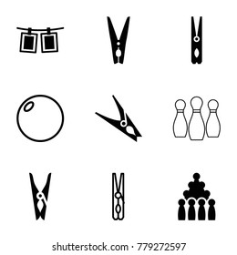 Pins icons. set of 9 editable filled and outline pins icons such as cloth pin, bowling, photos on rope