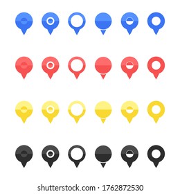 Pins for map, location symbol, geo symbol position element and travel place pointe vector illustration. Set of pins colorful markers signs pointers symbols for map concept isolated on white background