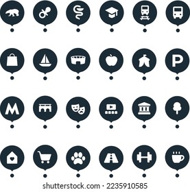 Pins map. Set of labels for infrastructure, plans and maps. Location icons for master plan. Location markers for GPS. Pins for route.
