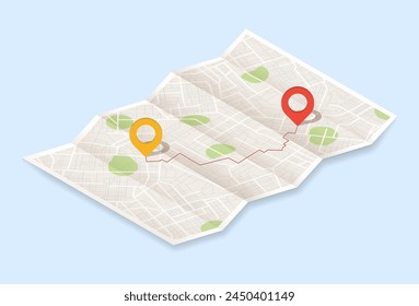 Pines en el mapa de la ciudad de papel. Gps de la calle local navegan. Navegación de ruta de la ciudad a marcador. Plan de distancia geográfica. Ilustración vectorial sobre fondo azul