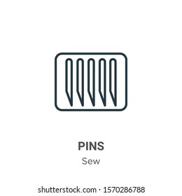 Pins outline vector icon. Thin line black pins icon, flat vector simple element illustration from editable sew concept isolated on white background