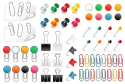 Pins Paper Clips. Push Pins Fasteners Staple Tack Pin Colored Paper Clip Office Organized Announcement, Stationery Realistic Vector Set