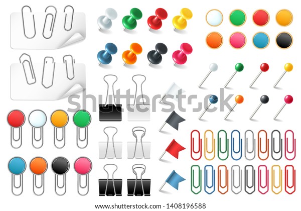 Pins paper clips. Push pins fasteners staple tack pin\
colored paper clip office organized announcement, stationery\
realistic vector set