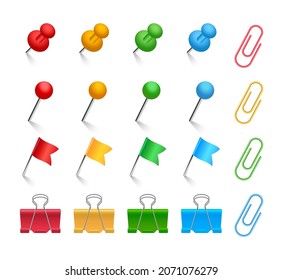 Pins and paper clips set. Colored binder clips, push pins, flags and tacks. Realistic stationery. Office supplies. Vector illustration. 