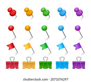 Pins and paper clips set. Colored binder clips, push pins, flags and tacks. Realistic stationery. Office supplies. Vector illustration. 