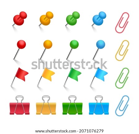 Pins and paper clips set. Colored binder clips, push pins, flags and tacks. Realistic stationery. Office supplies. Vector illustration. 