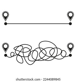Pins path straight confusing. Road trip. Vector illustration.