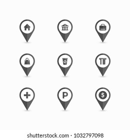Pins placeholder icon, location tag sign, map pointer element icons collection design. Vector illustration.