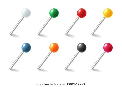 Pins. Realistic colored pointers. 3D thumbtacks set for attaching notes. Plastic round buttons with needles. Pushpins or sewing tools. Map markers template. Vector office stationery