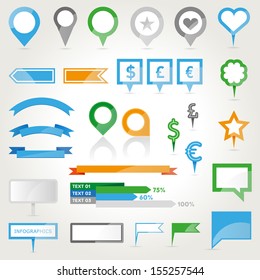 Pins, ribbons, banners. Infographics and web design editable elements. Communications.