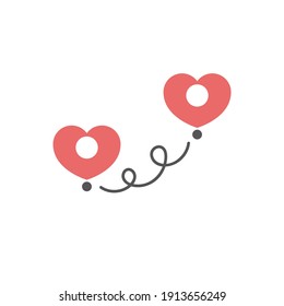 Pins in shape of hearts. Destination concept. Simple location sign. Distance relationships. Vector illustration