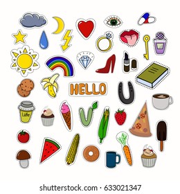 Pins and stickers collection isolated. Patch badges set. Pop art pins.
