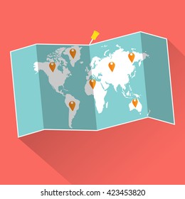 Pins of vacation trip on world map with long shadow. Vector illustration traveling concept. 
