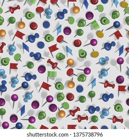 Pins vector seamless pattern colored flags thumbtack and tacks pin up memo notes on board illustration backdrop of pinned button to attach paper reminder pushpin collection background.
