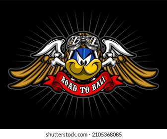 pin-shaped winged cartoon duck on black, t-shirt design, biker, motorcycle club, patch, naked bike, cool helmet, arai, shoei, shovelhead engine, panhead, knucklehead, supermoto, vector templates