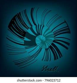 Pinstripe sea shell. Curl mollusc.  Spiral seashell. Black and white nautilus  element for print. Natural cosmetics. Alternative medicine. Spa logo. Bathcare. Bubblebath