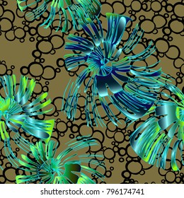 Pinstripe sea shell. Curl mollusc.  Spiral seashell. Blue and white nautilus and bubbles element for print. Bright fungus textile pattern. Flower seamless.   Abstract mushroom fabric for summer dress.
