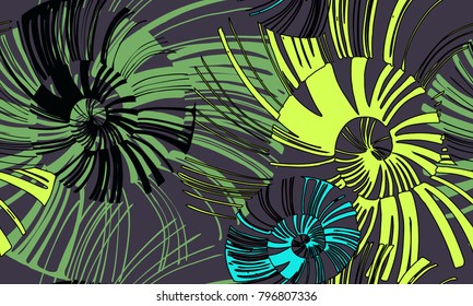 Pinstripe sea shell. Curl mollusc.  Spiral seashell. Black and white nautilus  element for print. Bright fungus textile pattern. Flower seamless.   Abstract mushroom fabric for summer dress.