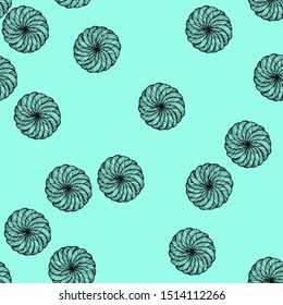 Pinstripe sea shell. Curl mollusk.  Spiral seashell. Black and white nautilus  element for print. 	
Bright blue orb textile pattern. Vintage Flower seamless.   Abstract sphere fabric for summer dress.