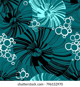 Pinstripe sea shell. Curl mollusk.  Spiral seashell. Blue and white nautilus  element for print. Bright fungus textile pattern. Flower seamless.   Abstract mushroom fabric for summer dress.
