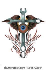 pinstripes art with wheel wrench and a blue eye