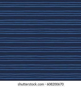 Pinstripes seamless vector pattern. Thin hand drawn uneven endless stripes, streaks vector background. Striped abstract marine, sea template. Free hand drawn bars texture. Dark blue, navy color.