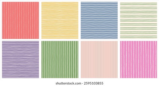 Pinstripes, thin narrow regular stripes seamless repeat vector patterns collection. Hand drawn doodle uneven parallel bars streaks striped backgrounds set. Chalk crayon brush endless lines, strokes.