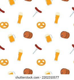 Pint of beer, barrel, pretzel and sausage seamless pattern in flat doodle style for Oktoberfest. Hand drawn vector illustration of celebration background