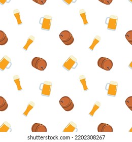 Pint of beer and barrel seamless pattern in flat doodle style for Oktoberfest. Hand drawn vector illustration of celebration background