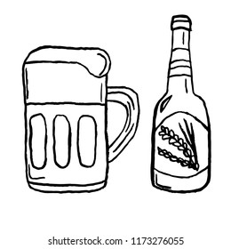 Pint of beer and a bottle of beer. Hand drawn. Vector illustration. 