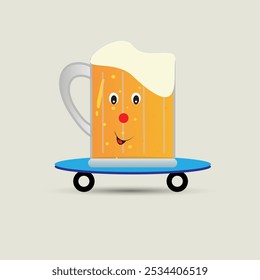 Pint of beer with eyes and mouth on a skateboard