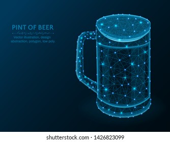 Pint of beer low poly design, Glass mug and alcoholic drink abstract geometric image, pub menu symbol wireframe mesh polygonal vector illustration made from points and lines on dark blue background
