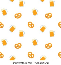 Pint of beer and pretzel with salt seamless pattern in flat doodle style for Oktoberfest. Hand drawn vector illustration of celebration background