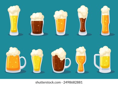 Pint ​​of beer. Set of cold carbonated drinks for Oktoberfest. Cartoon flat illustration