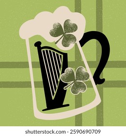 Pint of beer for St. Patrick's Day, simple vector illustration. Patrick's day shamrock clover and beer. Festive vector illustration