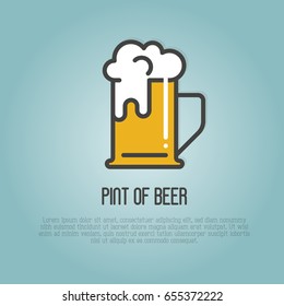 Pint of beer with white foam. Thin line vector illustration for beer brewery, bar, restaurant, October fest. 