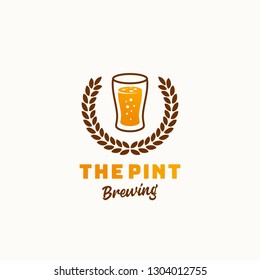 The Pint Brewery Abstract Vector Retro Symbol or Logo Template. Vintage Typography Premium Brewing Sign. Beer Glass with Wreath Creative Emblem. Isolated.